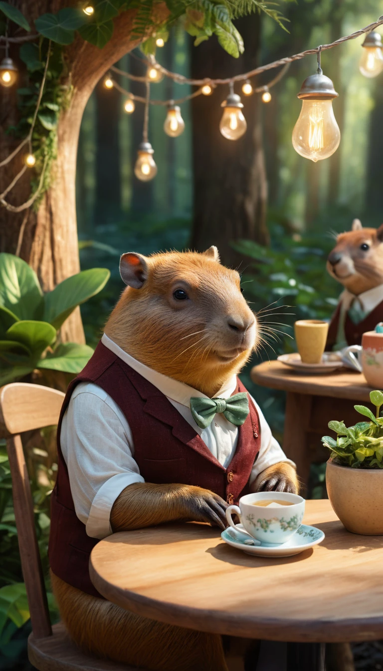 Capibara fiabesco che sorseggia tè in un caffè nella foresta