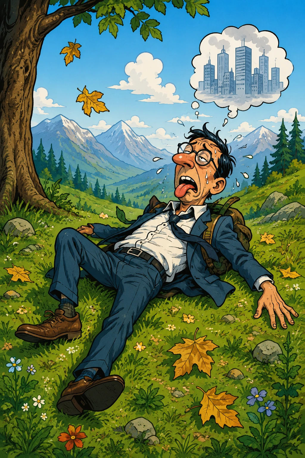 Verspielte Comic-Illustration eines müden Stadtmannes in der Natur