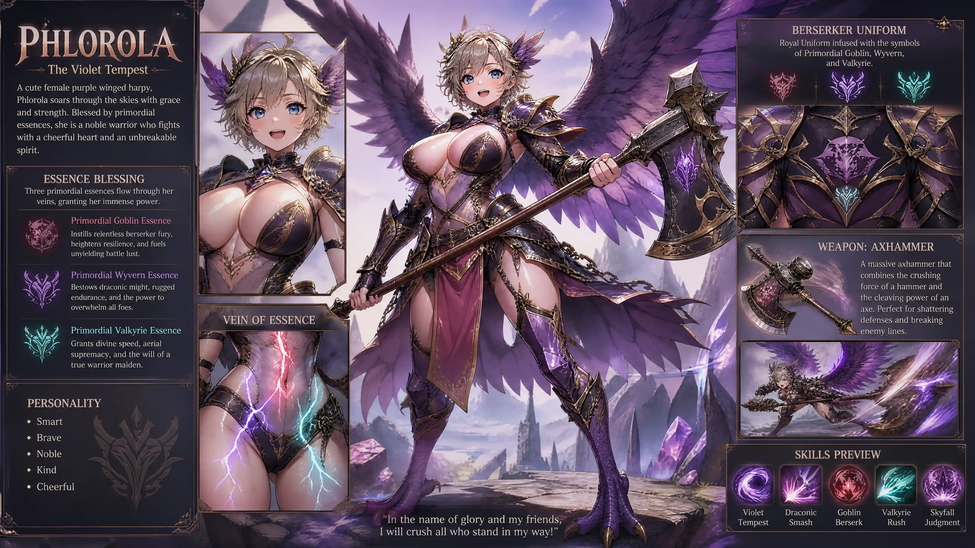 Cute purple winged harpy woman in berserker uniform