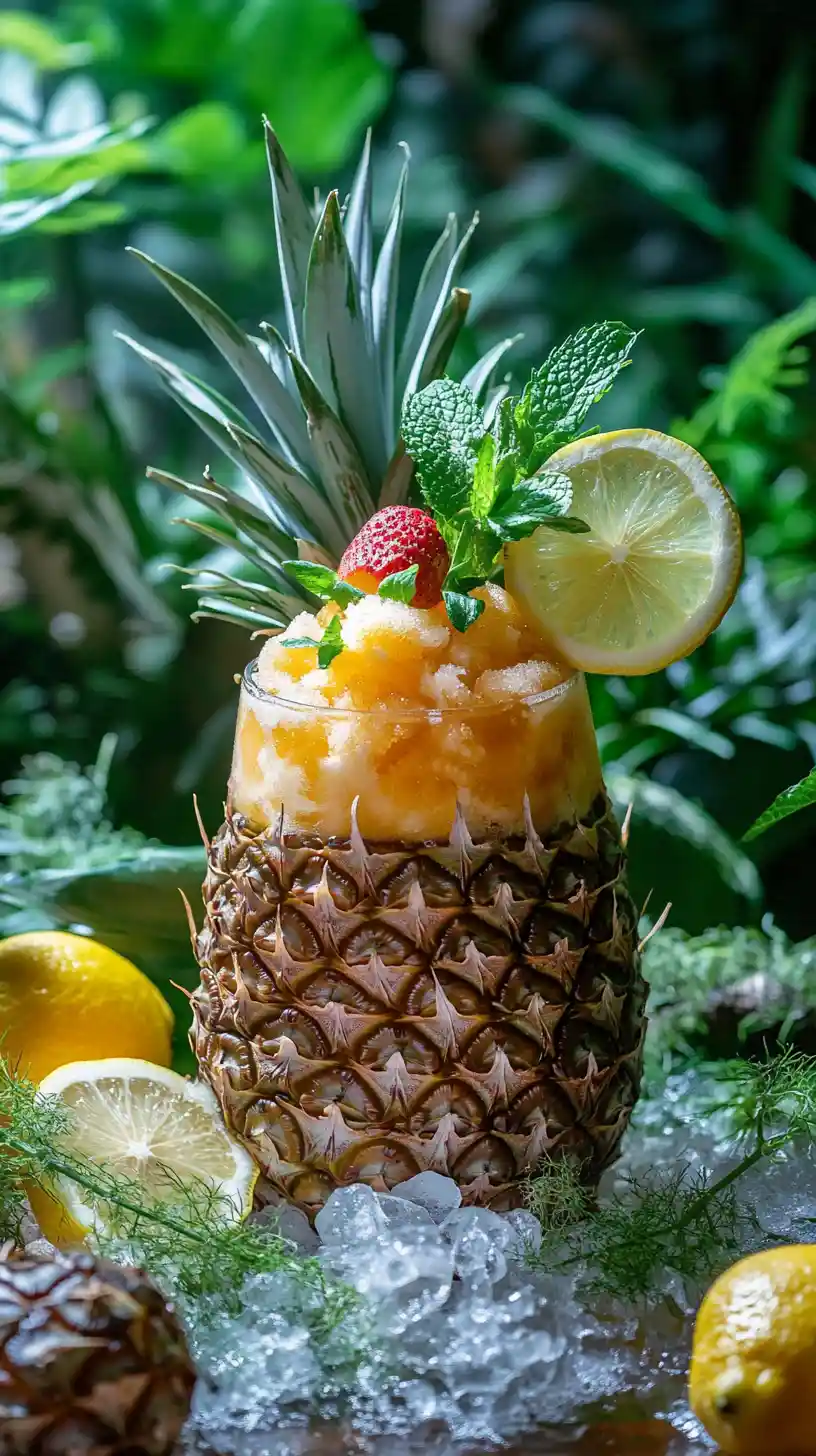 Fruchteis in Ananas mit Limonade in Waldkulisse