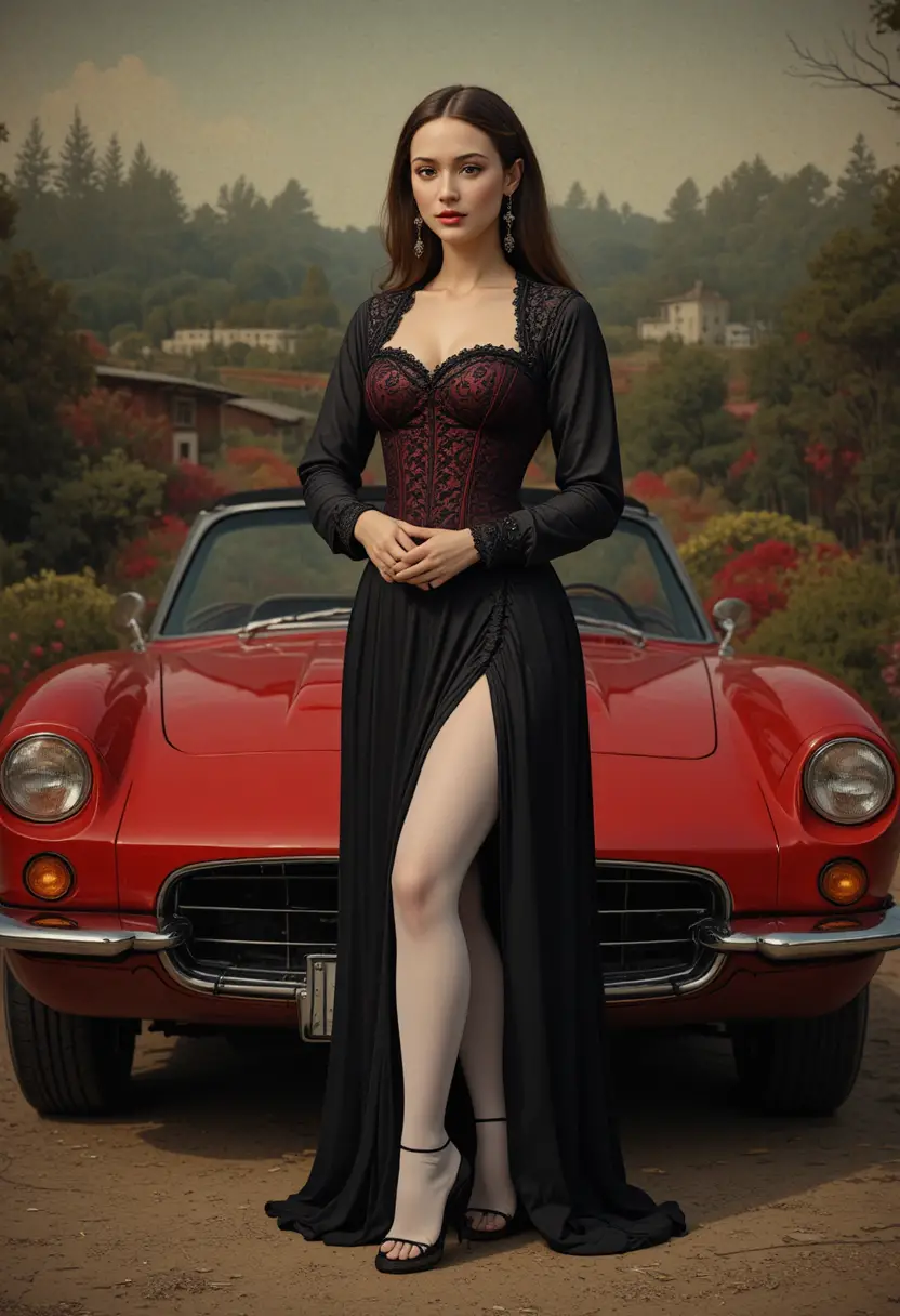 赤いスポーツカーのそばでストッキング姿でポーズをとるファッション女性
