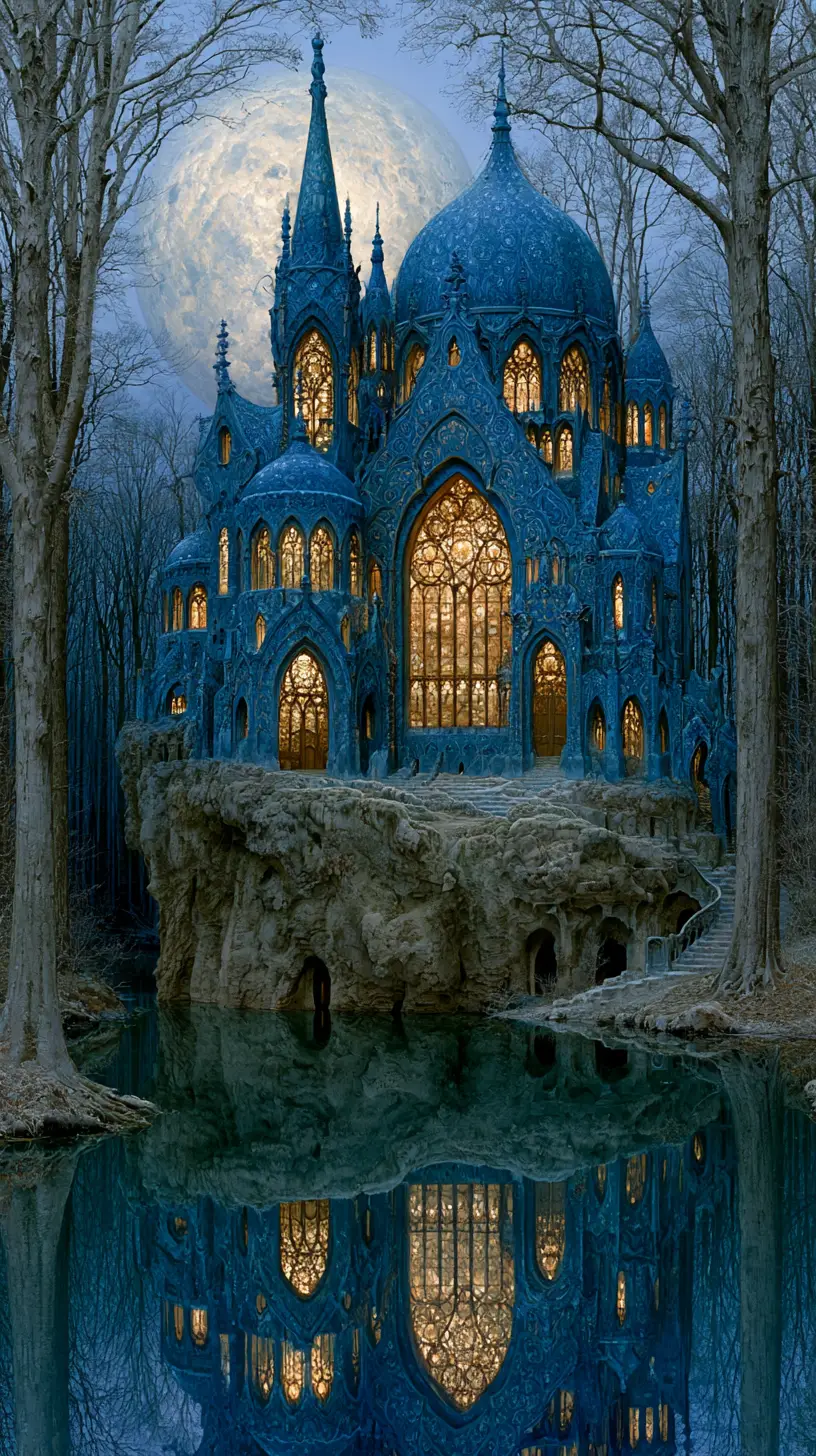 Enchanted Castle Reflected Above A Still Forest Pond
