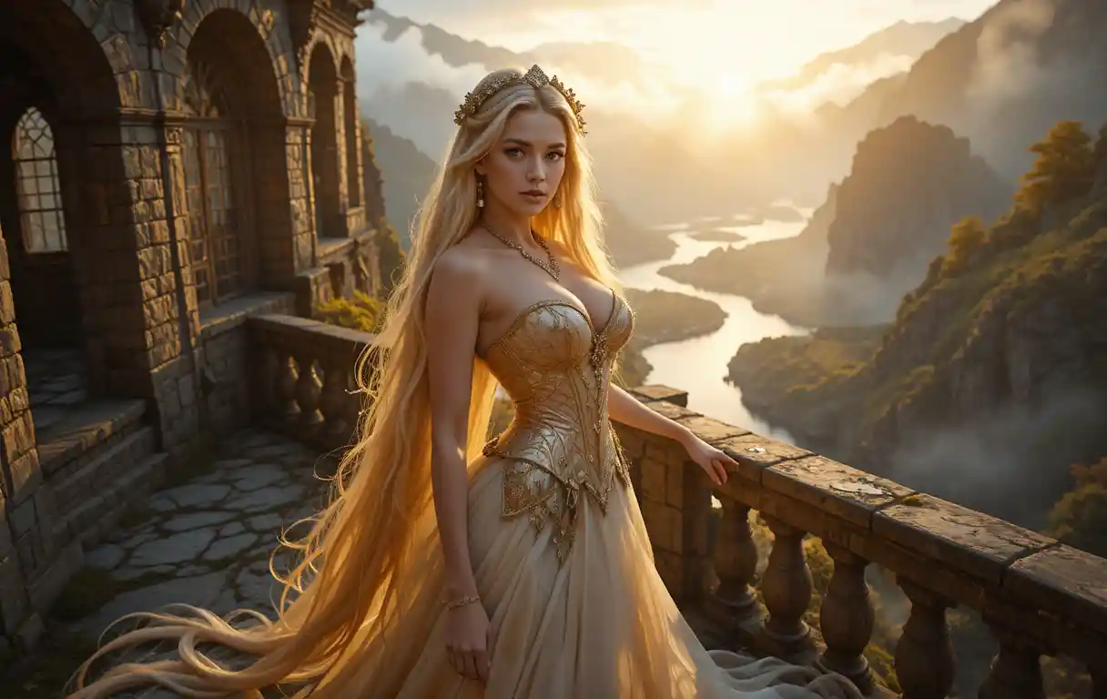 Principessa dai capelli dorati sul balcone di un castello al tramonto