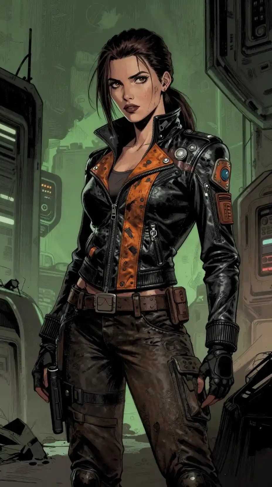 Cinematic space rogue woman in a gritty futuristic city