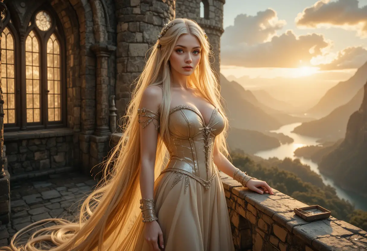 Principessa dai capelli dorati su un balcone del castello al tramonto