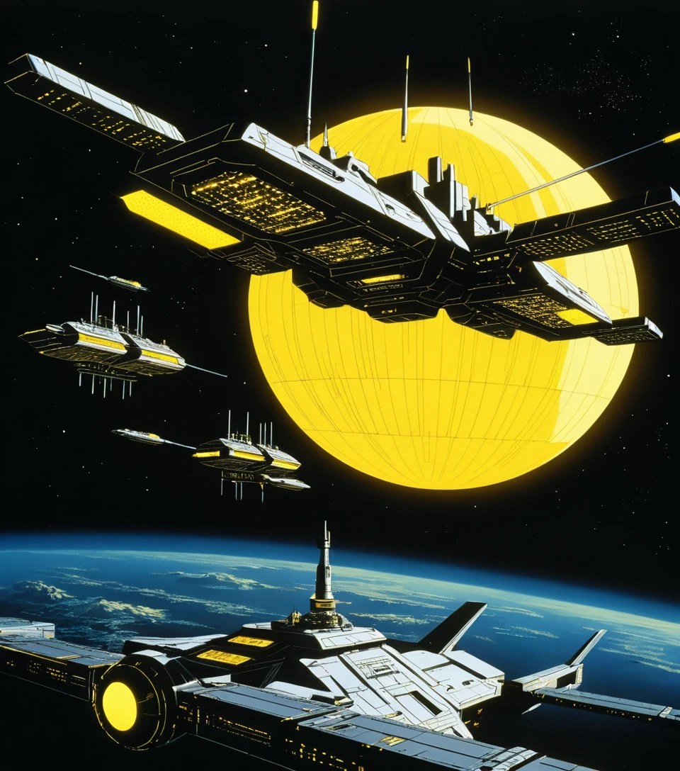 Estación espacial futurista orbitando un planeta amarillo y tormentoso