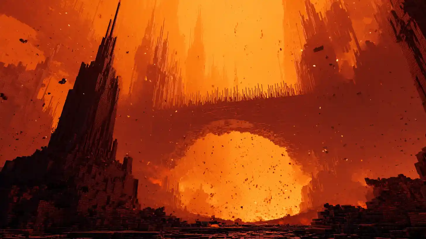 Burning futuristic metropolis under a collapsing red sky