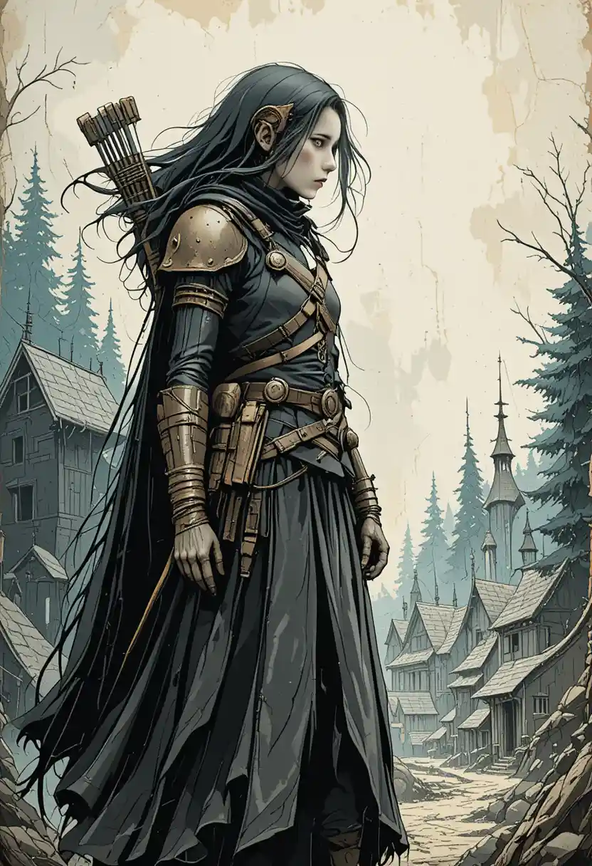 Young nun orc hunter standing before a dark forest