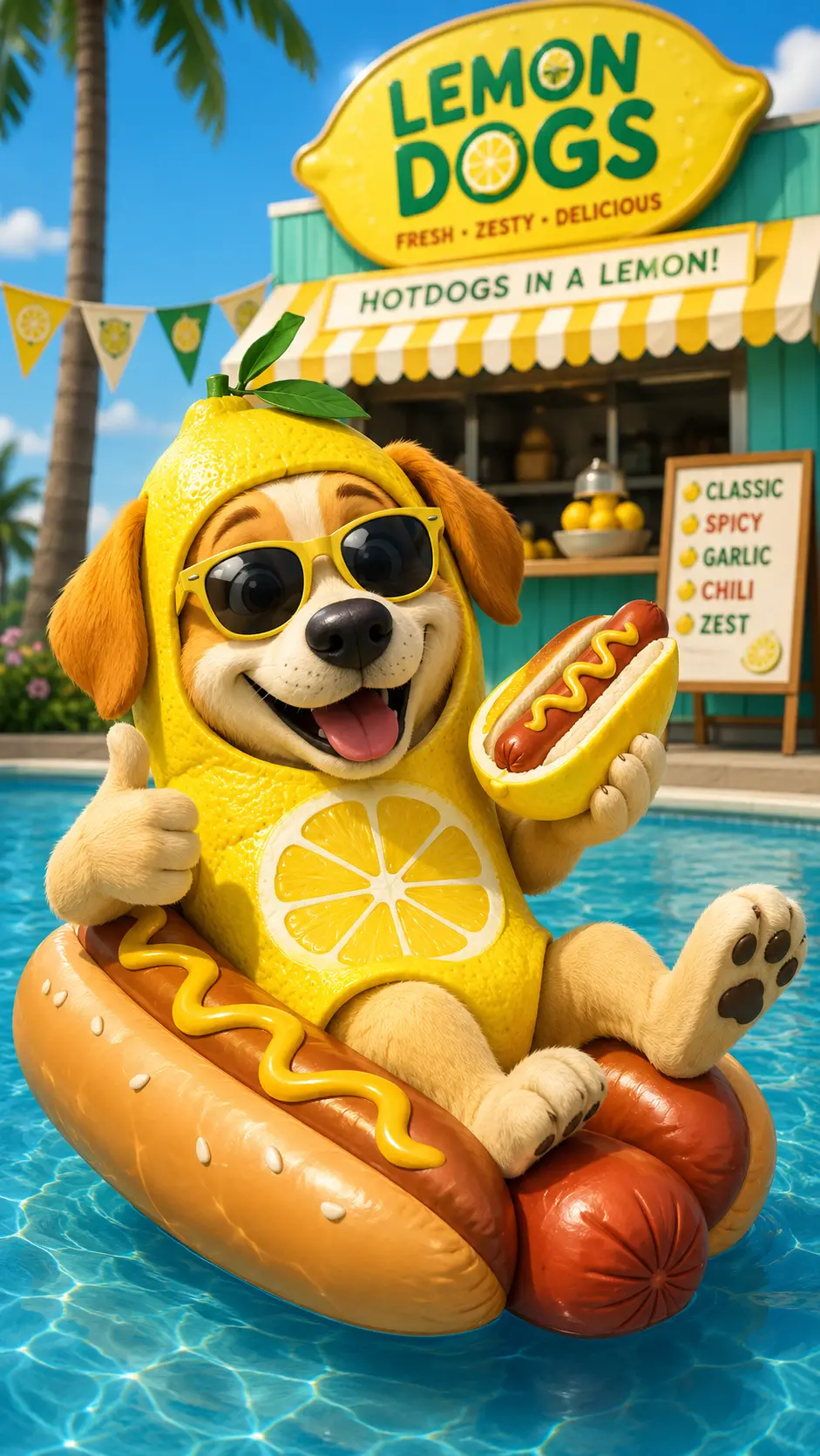 Mascotte chien en costume de citron flottant sur un pain à hot-dog