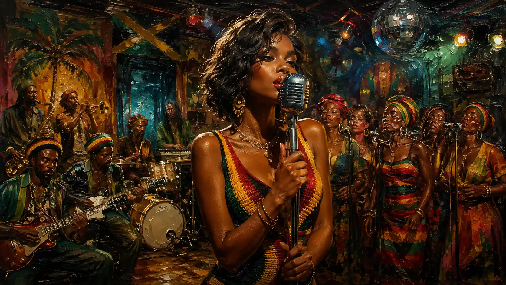 Brunette reggae singer performing in colorful dance hall