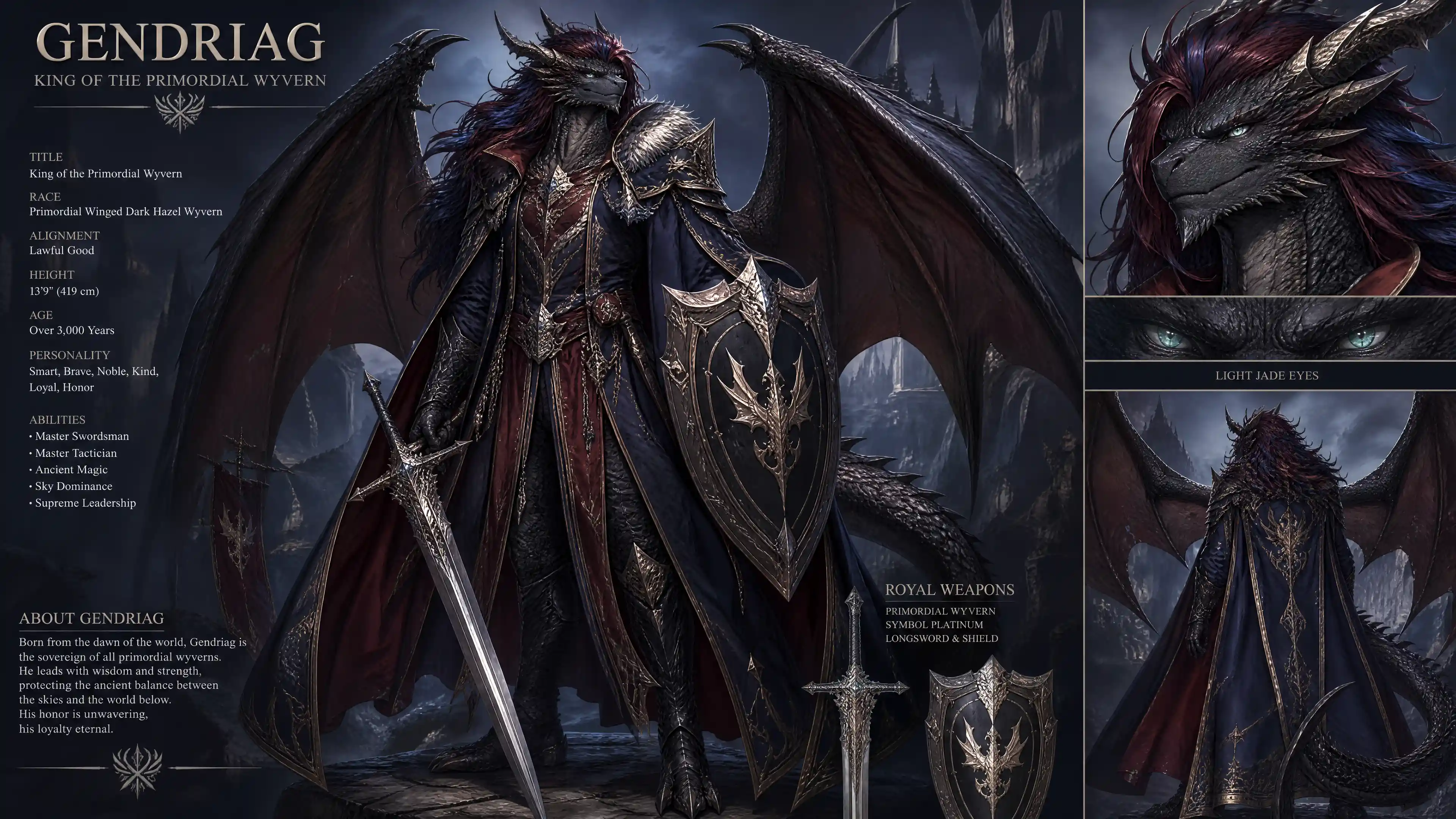 Nobile re guerriero wyvern alato con spada di platino