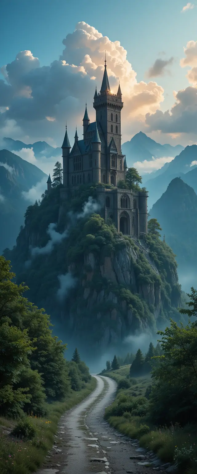 夢幻夏日景色中的陽光山中廢棄城堡