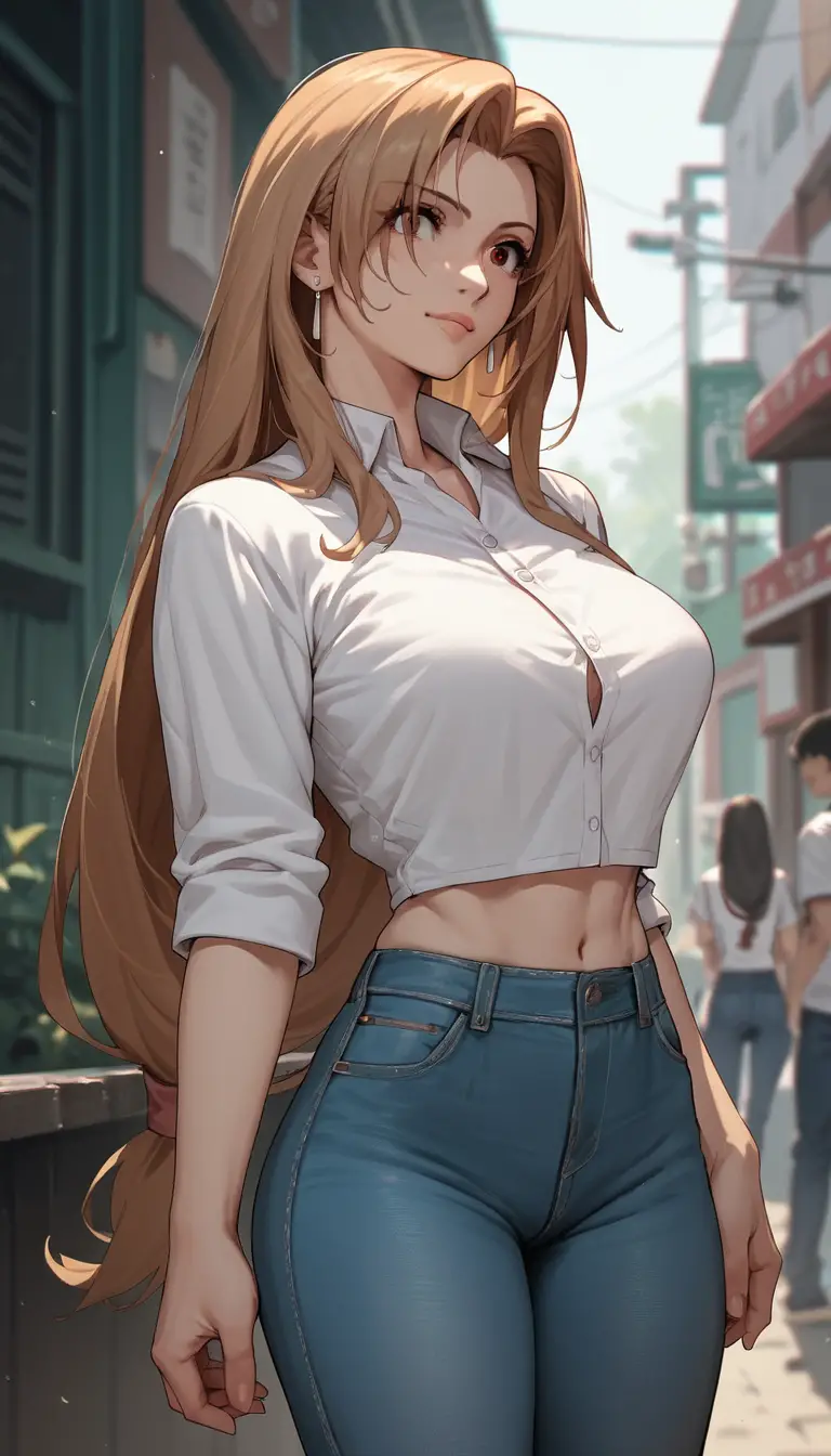 シャツとジーンズ姿のライトブラウンヘアのアニメ女性
