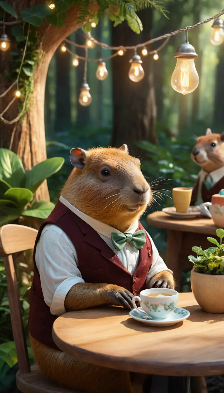 Whimsical Capybara Having Tea In A Forest Cafe