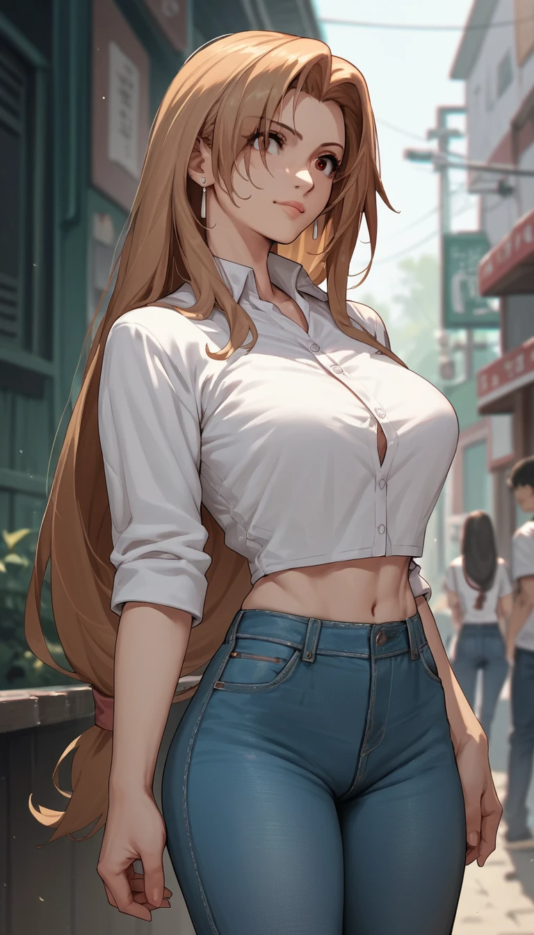 Mujer de anime con cabello castaño claro en camisa y jeans