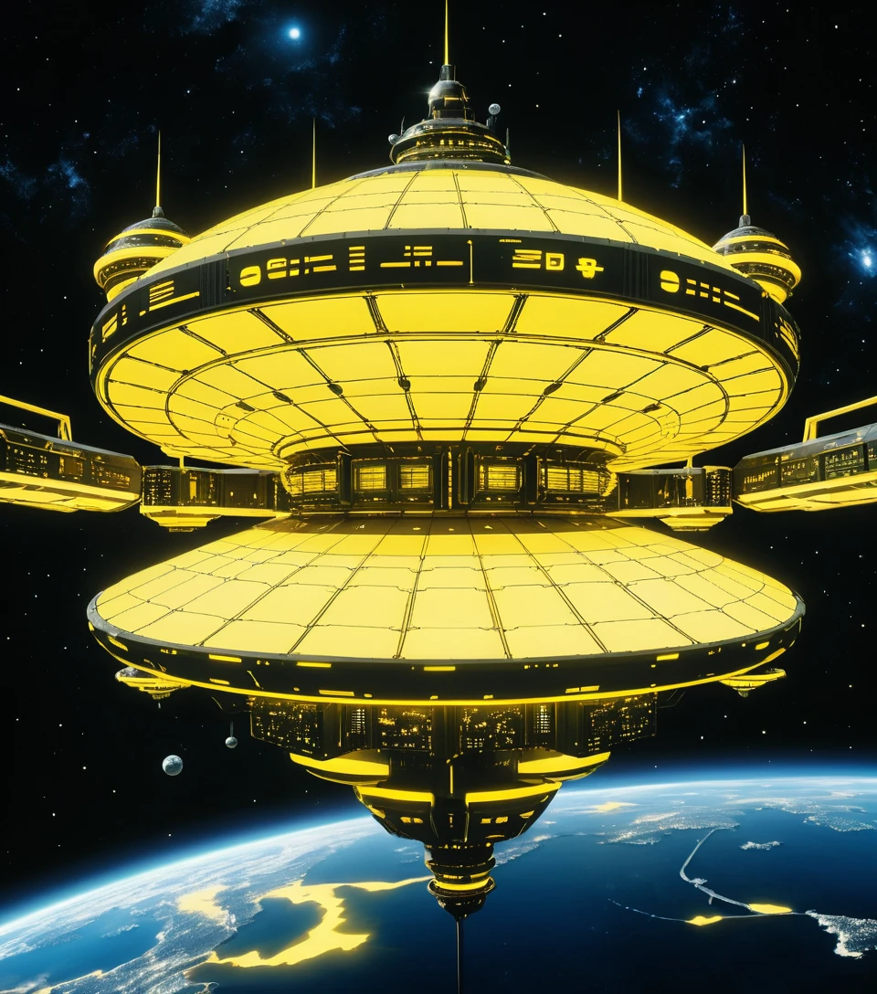 Estación espacial futurista orbitando un planeta oceánico amarillo