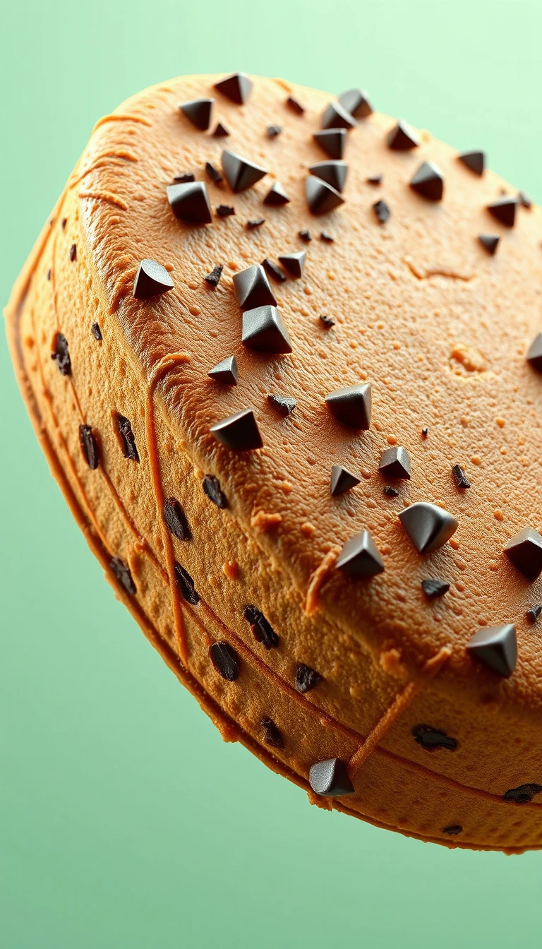 Galleta gigante 3D con chispas de chocolate sobre fondo verde menta