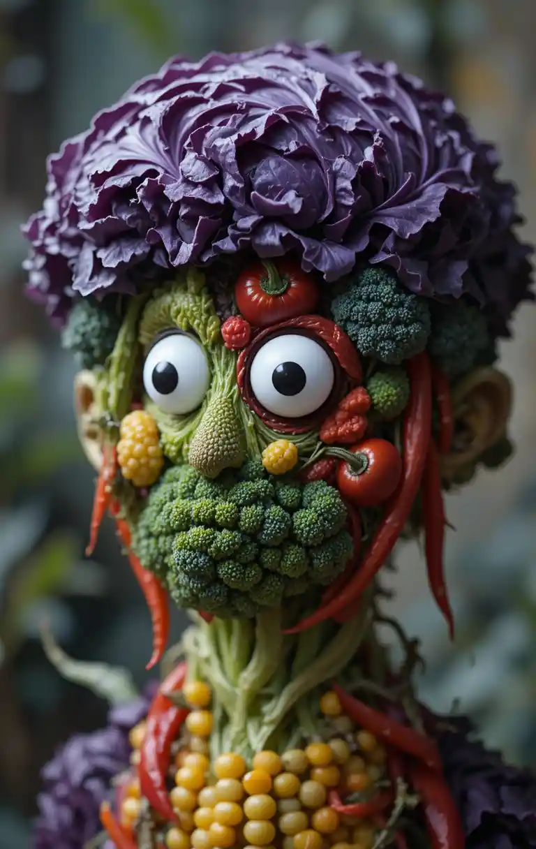 Playful vegetable head made from colorful cabbage and corn