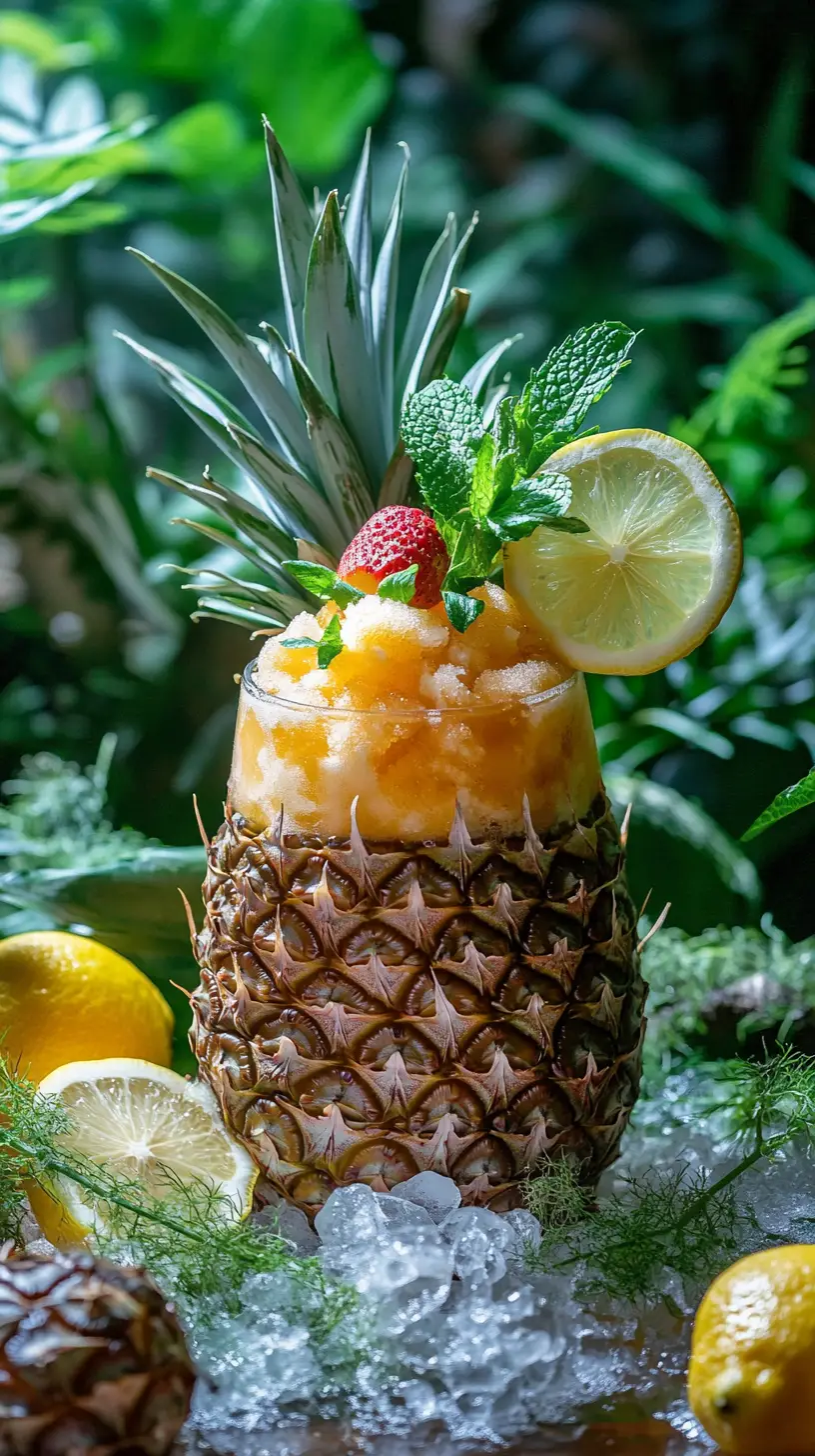 Sorvete de frutas em abacaxi com refrigerante em cenário de floresta