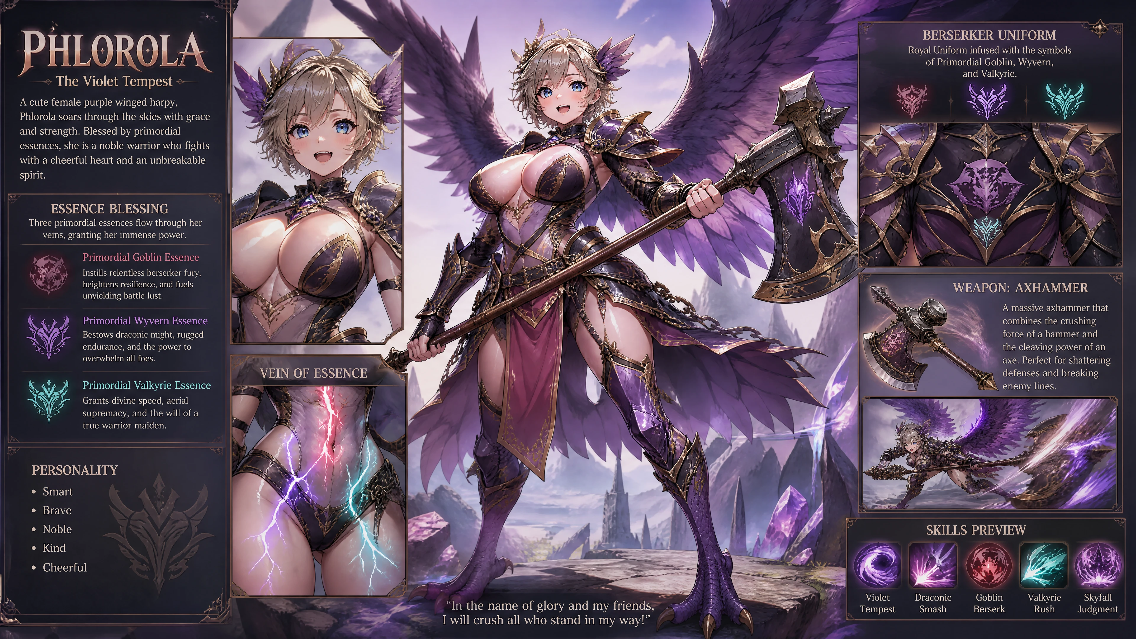 Adorable mujer arpía de alas púrpuras con uniforme de berserker