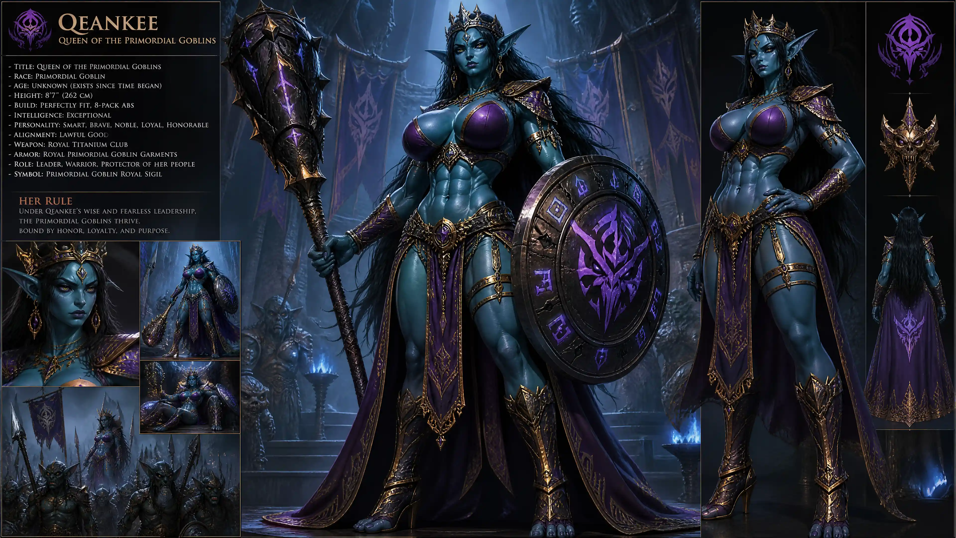 Alta regina goblin blu guerriera con armatura reale
