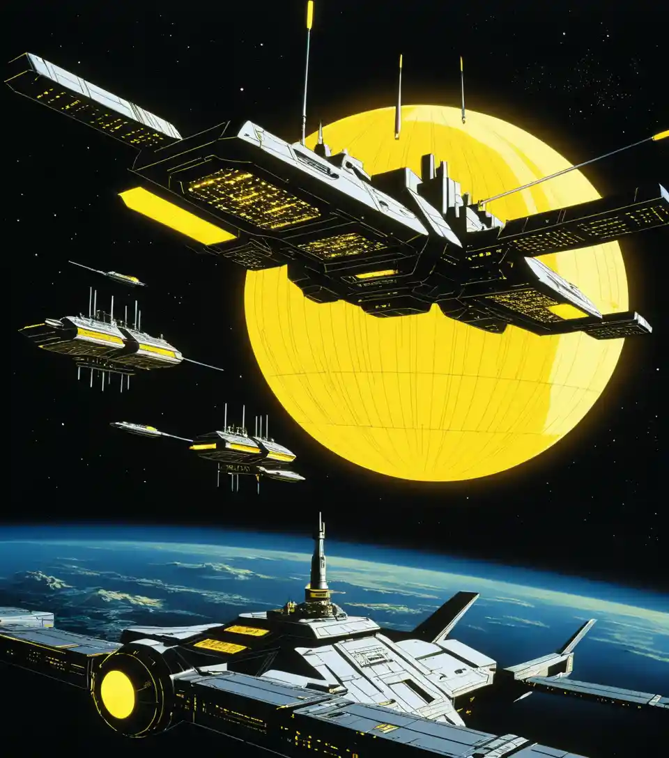 Stazione spaziale futuristica in orbita attorno a un pianeta giallo tempestoso