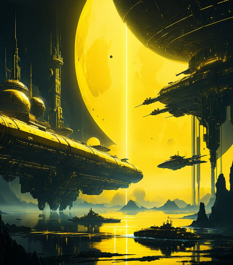 Imensa estação espacial orbital sobre um planeta amarelo brilhante