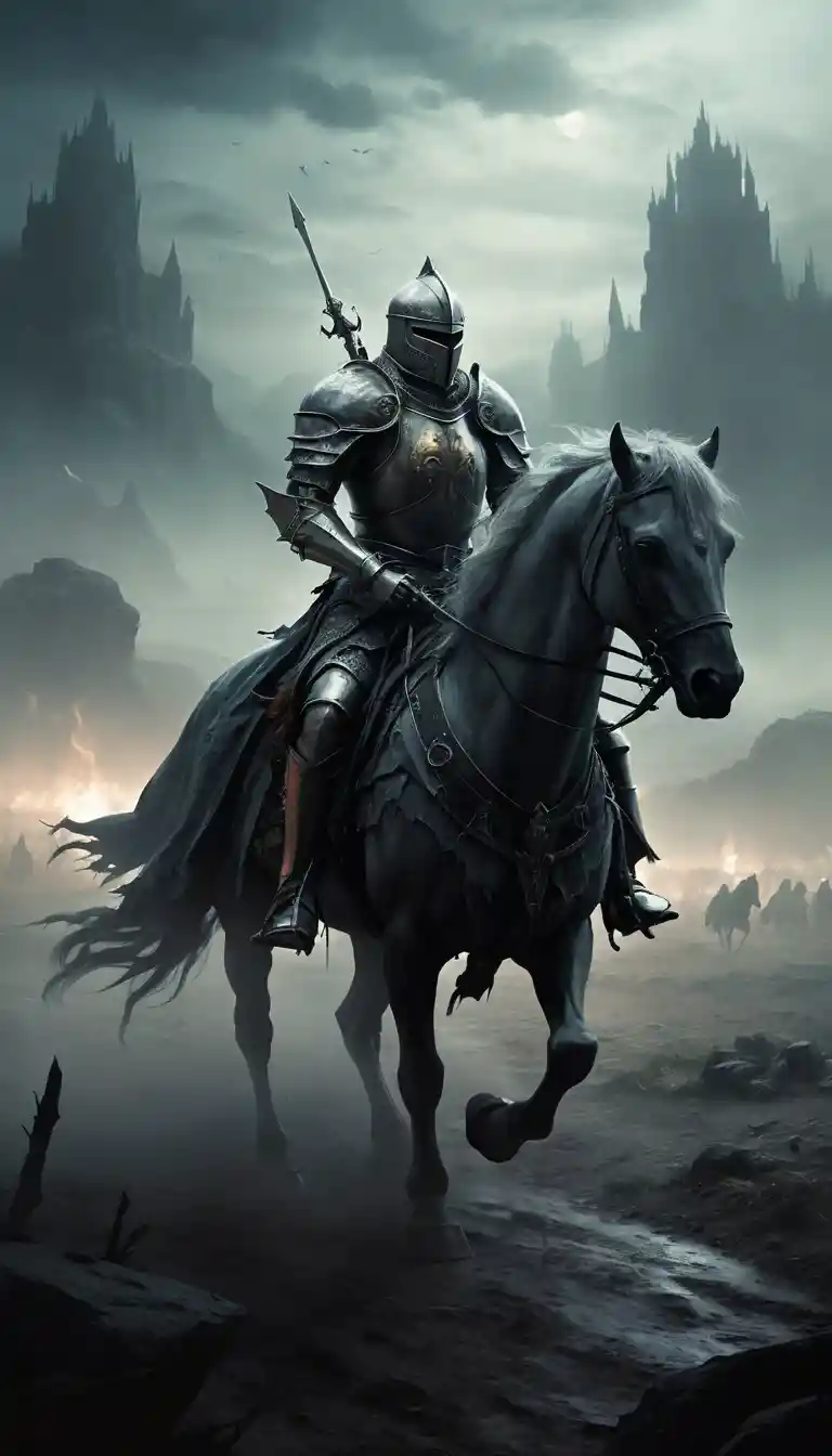 Spectral knight on a phantom steed in haunted misty battlefield
