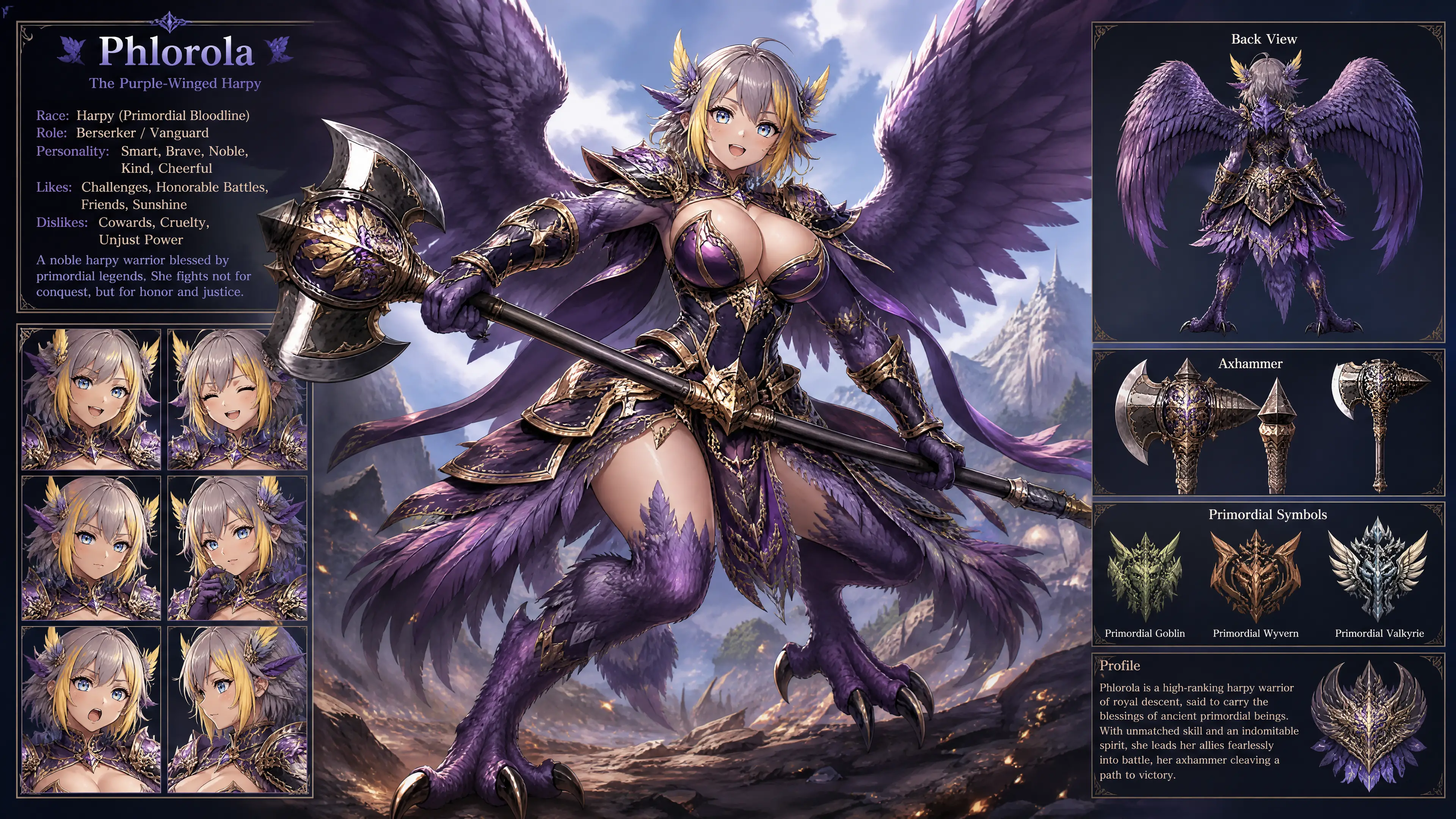 Lila geflügelte Harpyien-Frau in kunstvoller Fantasy-Rüstung