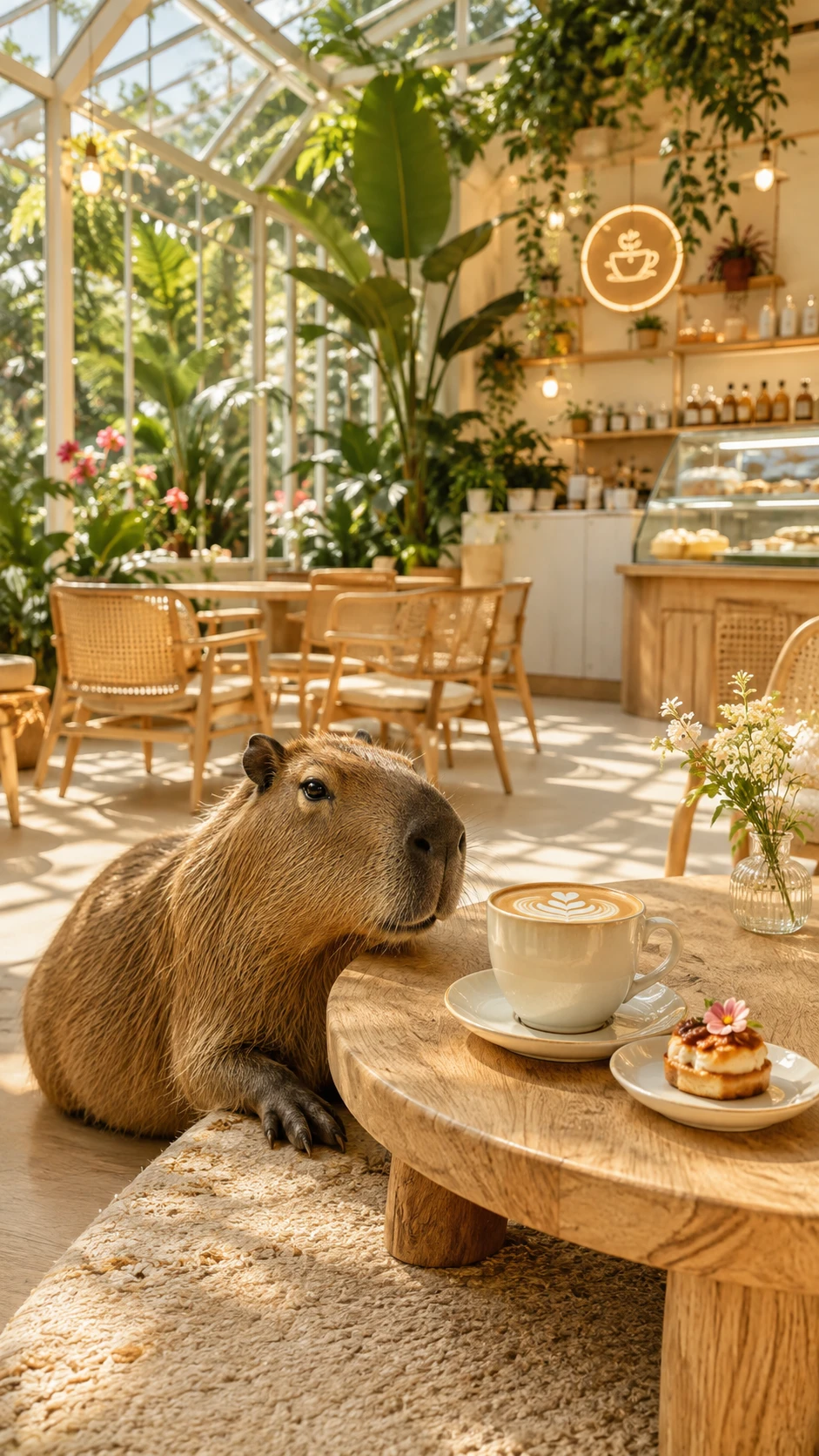 Accogliente caffetteria in serra con capibara e tavolo con latte