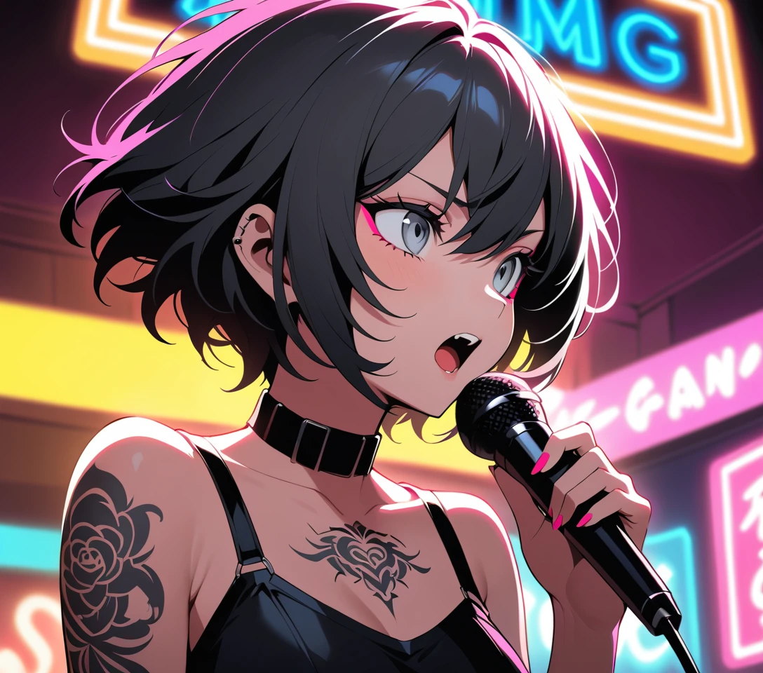 Tattooed woman singing into a microphone in close up