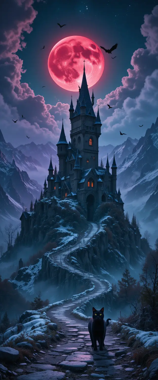 Château Hanté sur la Montagne avec Chauves-souris sous une Lune Rouge