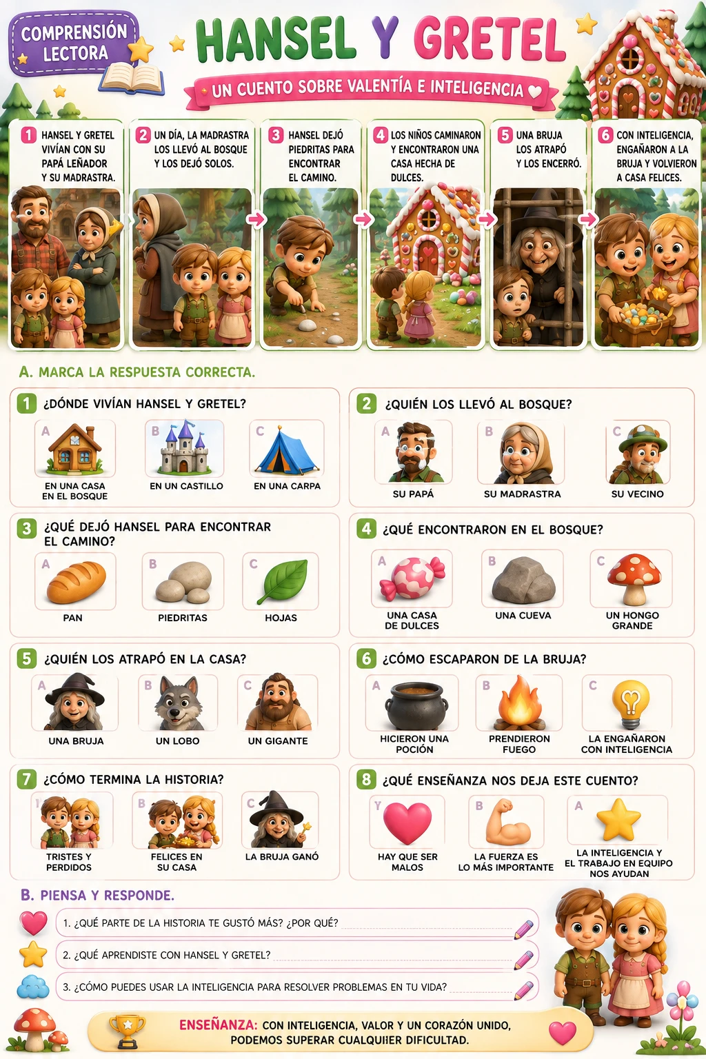 Arbeitsblatt zum Lesen von Hänsel und Gretel mit Piktogrammen für Kinder