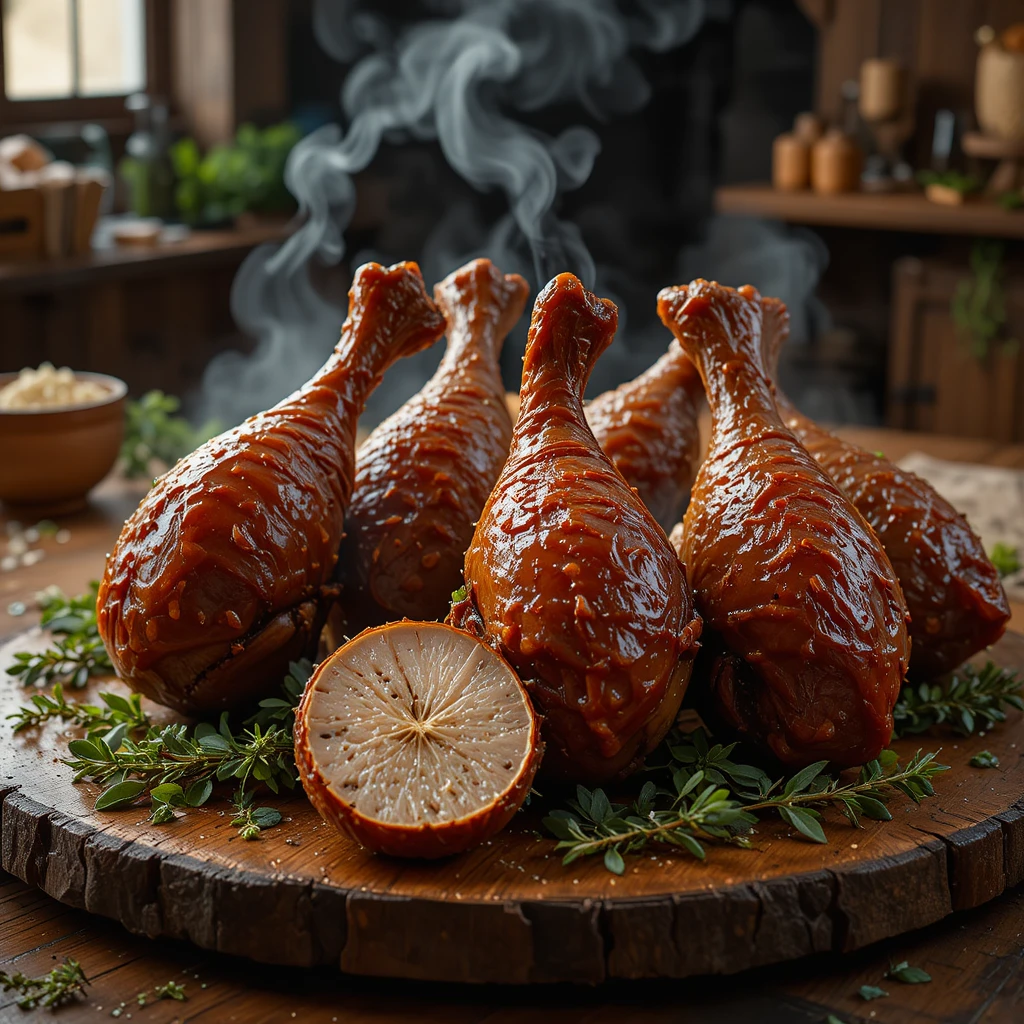 Primo piano di cosce d’anatra confit su tagliere di legno rustico