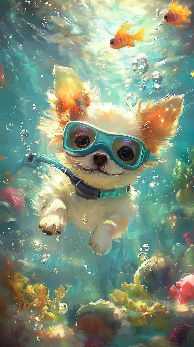 Cachorro juguetón con esnórquel en un colorido mundo submarino