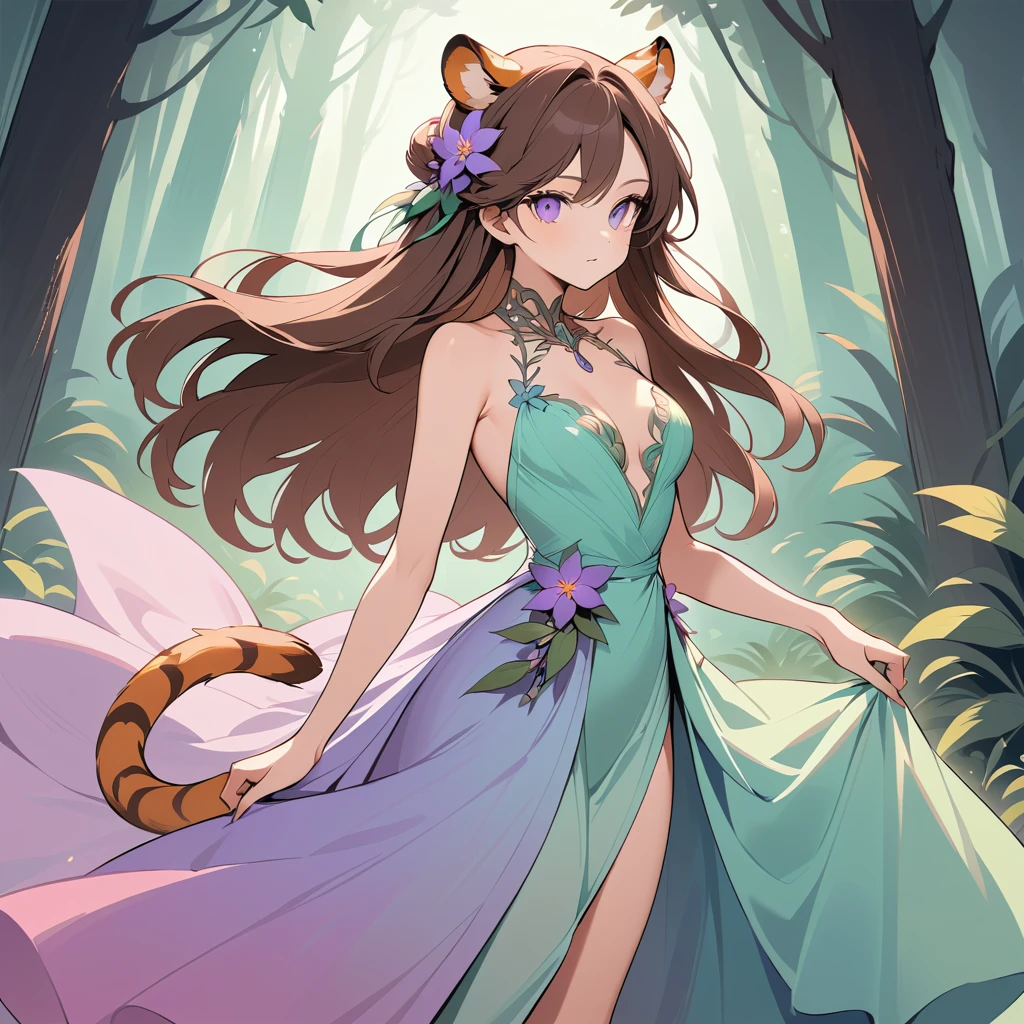 Elegante mujer de fantasía con orejas de tigre y vestido en tonos pastel