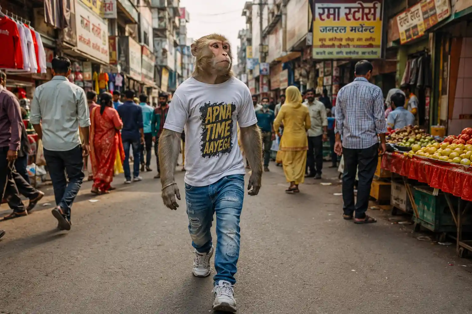 Singe marchant debout dans un marché de rue indien animé