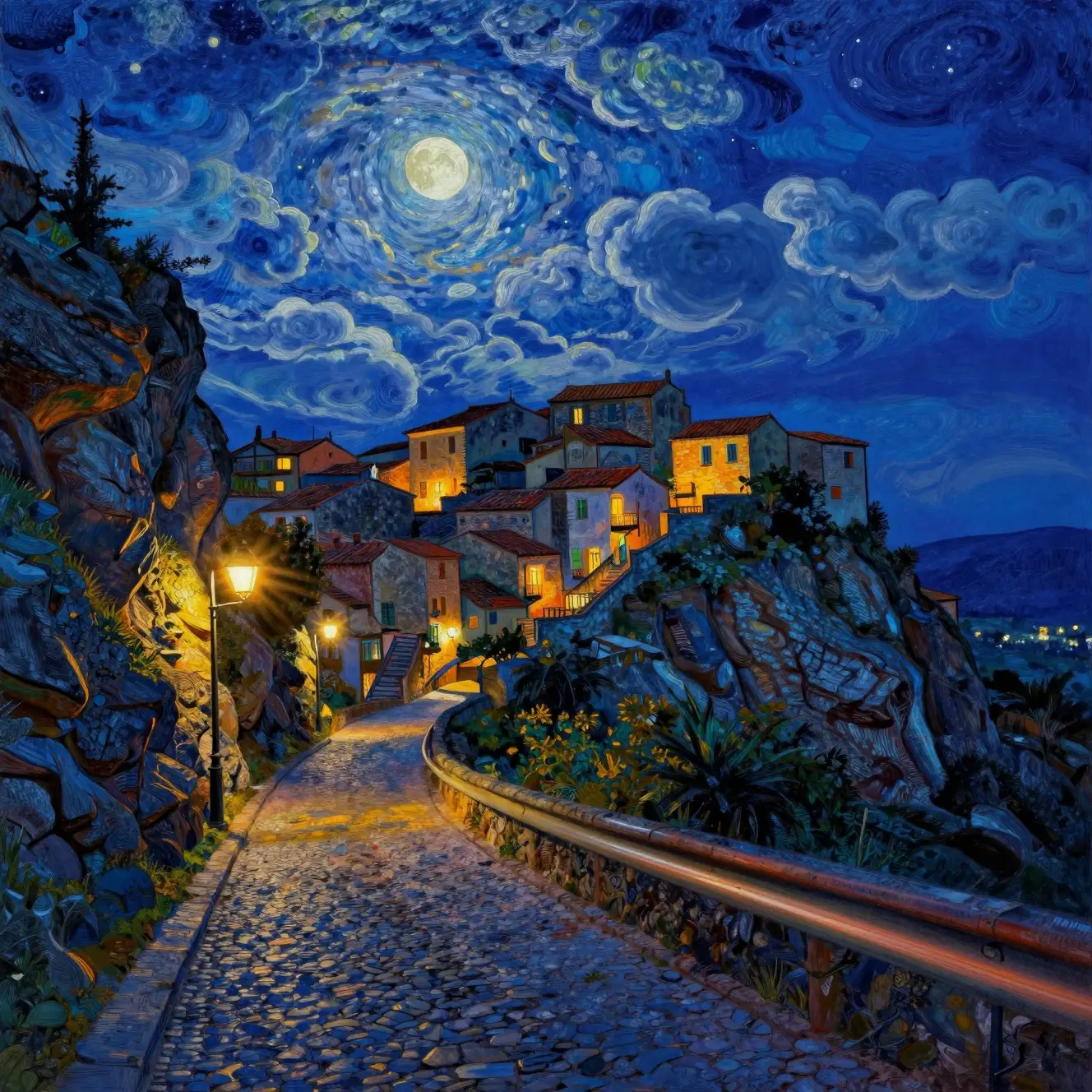 Fauvist Hilltop Village Under A Dramatic Moonlit Sky