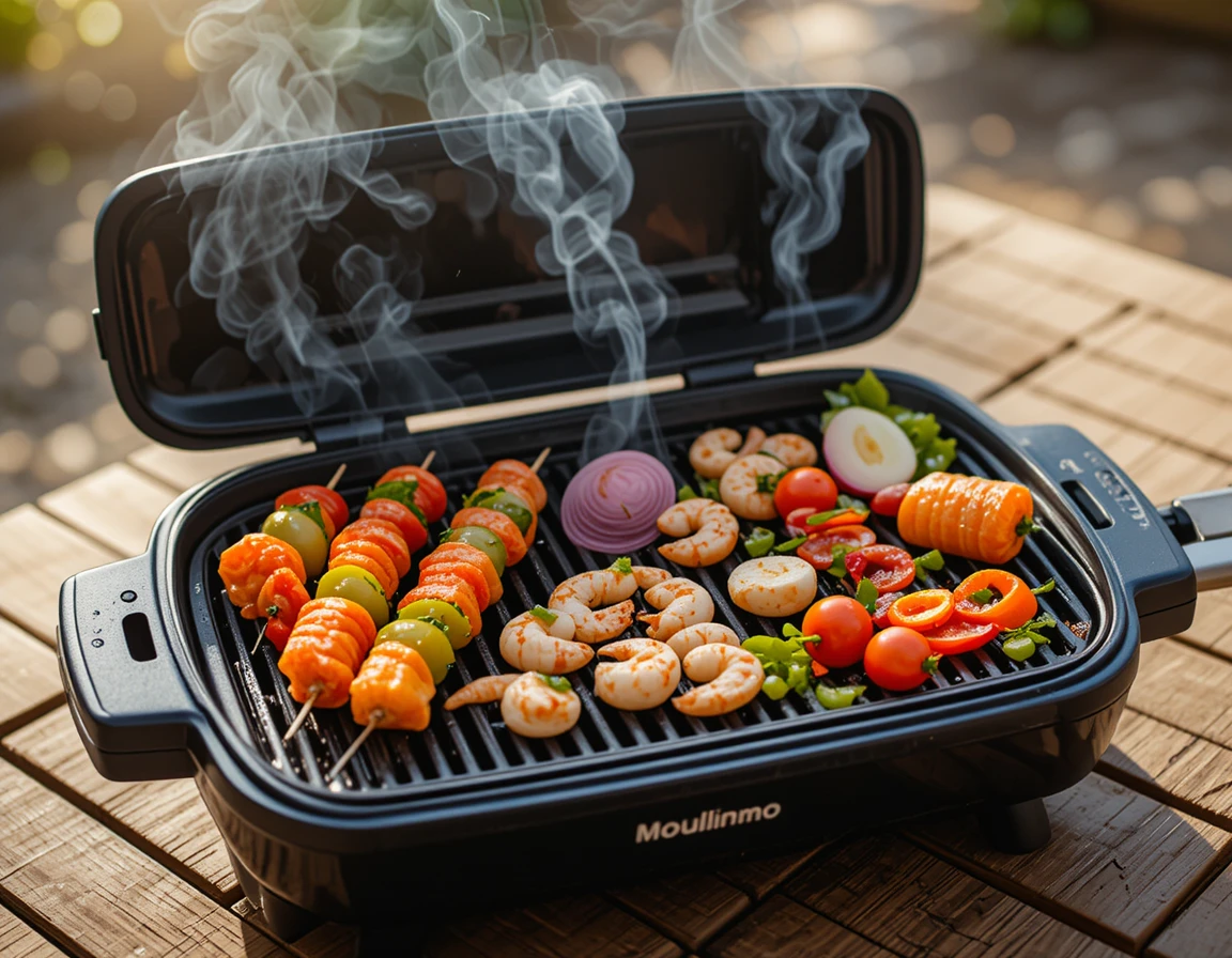 Close up of seafood grilling on electric barbecue outdoors