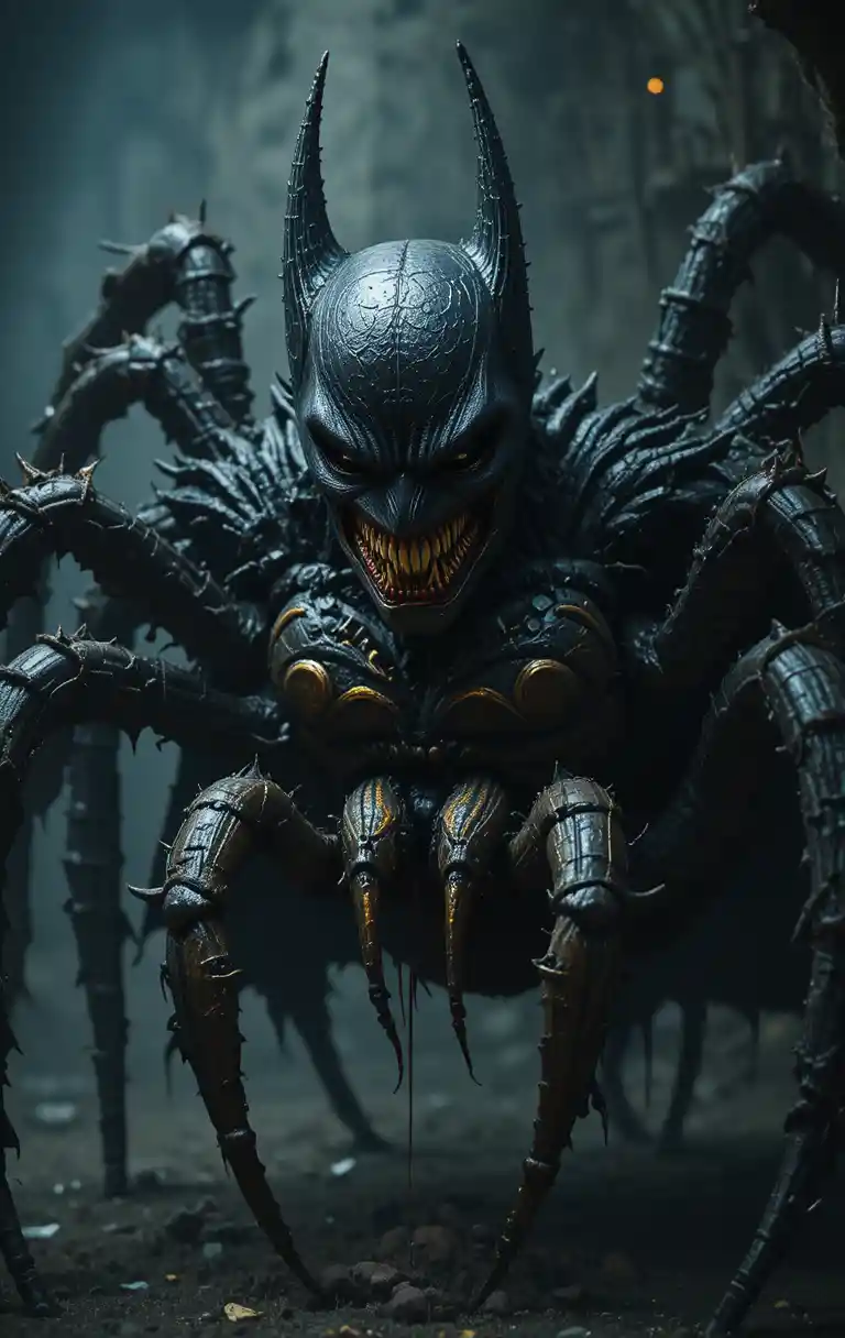 Grotesque spider creature wearing a dark masked grin