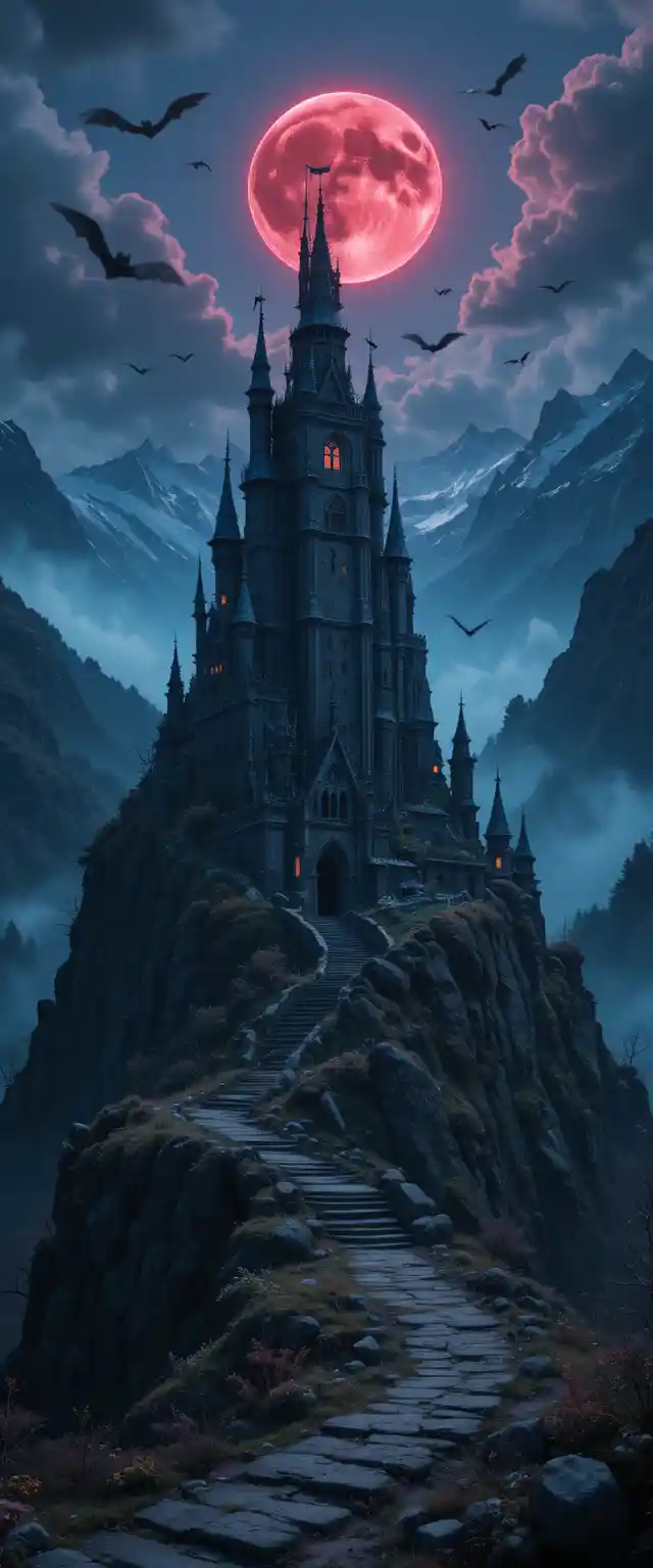 Abandoned Mountain Castle Under Red Moonlit Sky