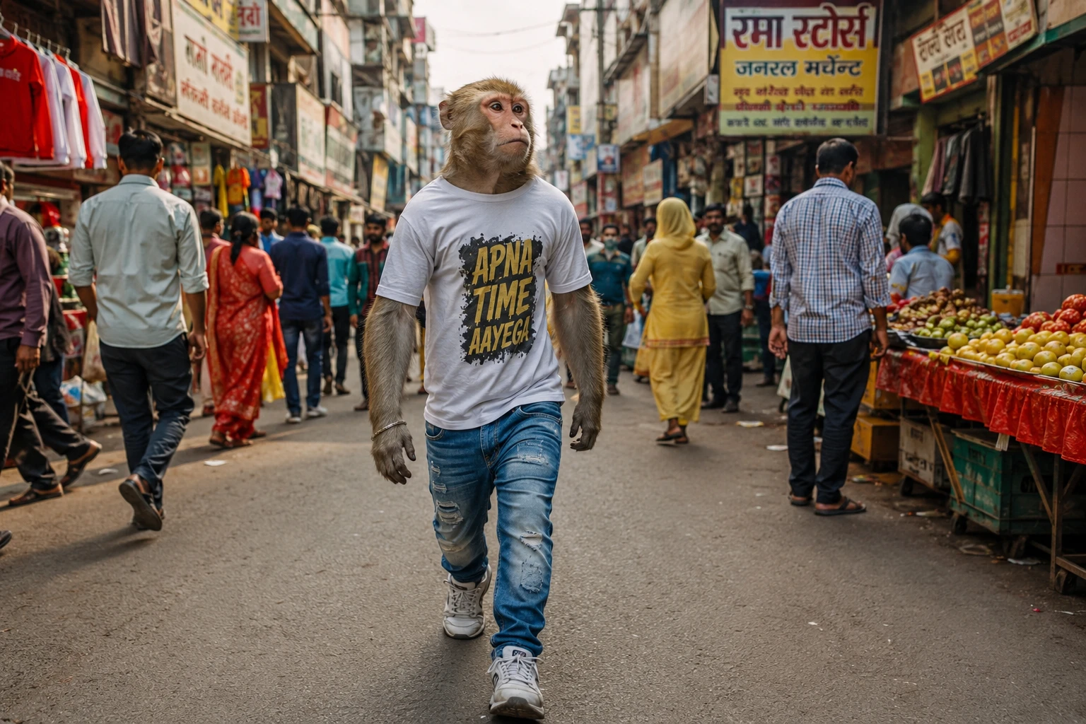 Singe marchant debout dans un marché de rue indien animé