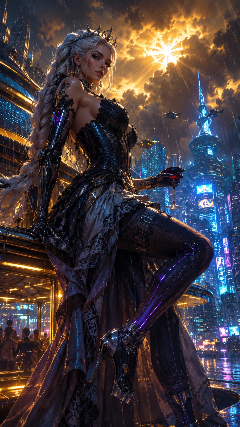 Reina cyberpunk colosal sobre una ciudad futurista lluviosa