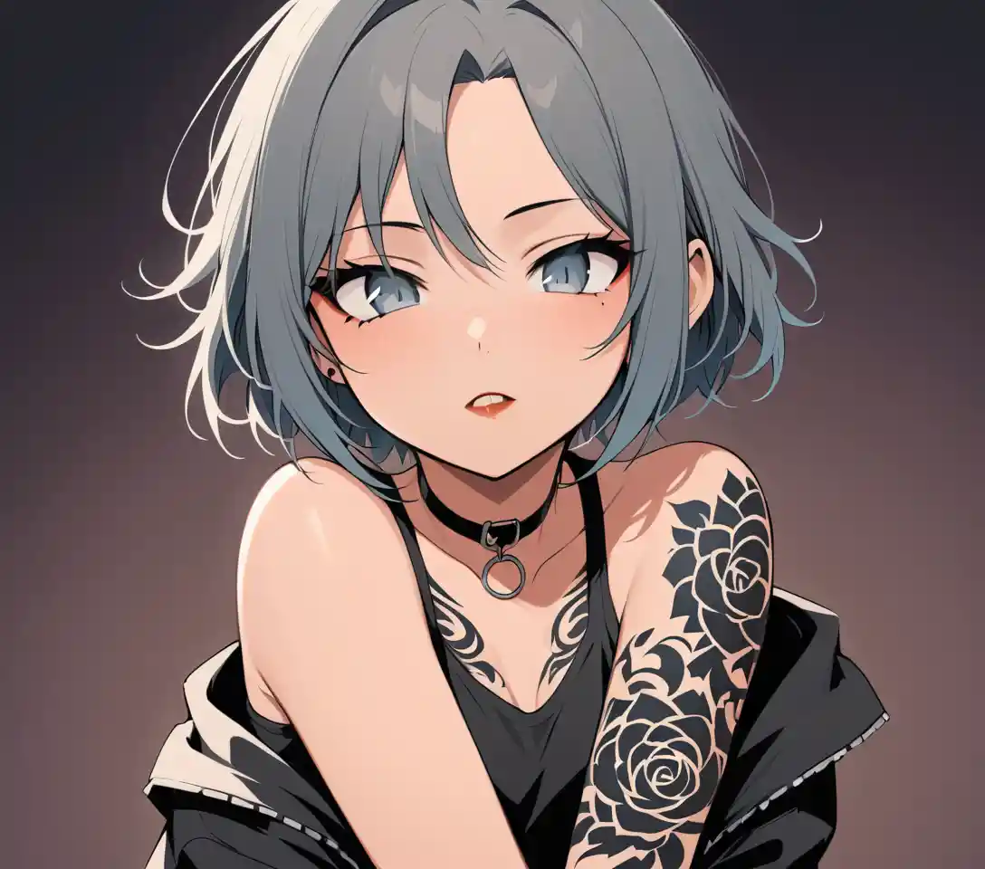 Mujer emo tatuada con ojos grises y pelo corto