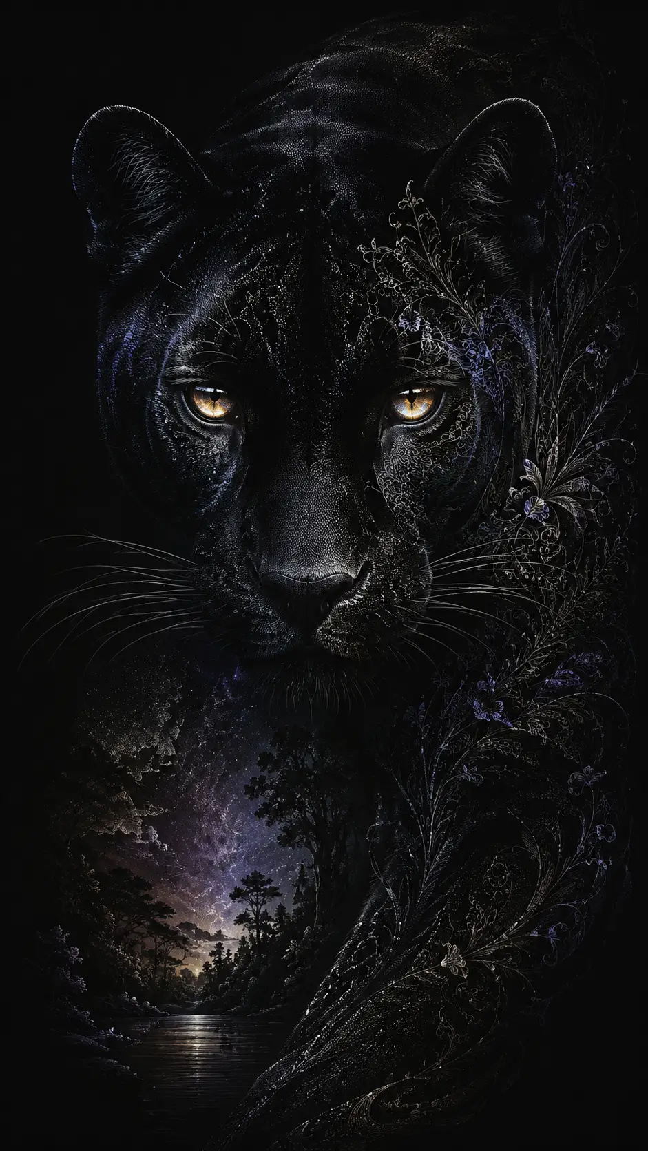 Black panther face emerging from darkness with glowing amber eyes