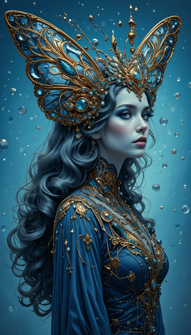 Fantasy woman with ornate blue and gold butterfly headpiece