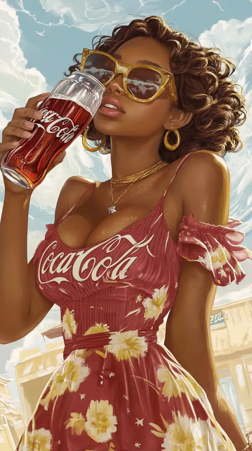 Young woman in 2000s dress drinking Coca Cola illustration