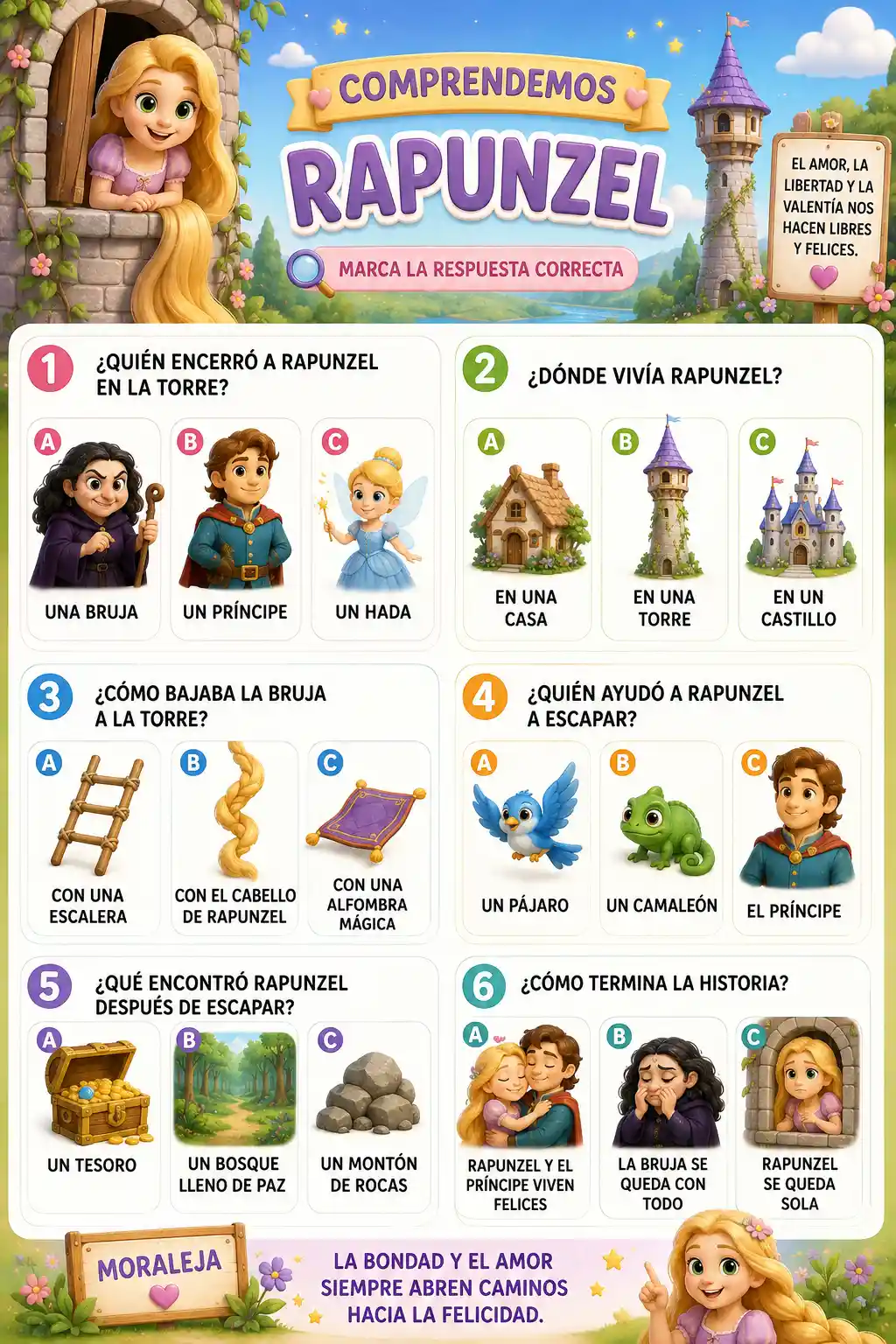 Leseverständnis-Arbeitsblatt Rapunzel mit Piktogrammen für Kinder