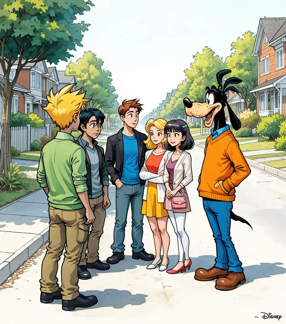 Amigos de dibujos animados antropomórficos hablando en una calle suburbana soleada