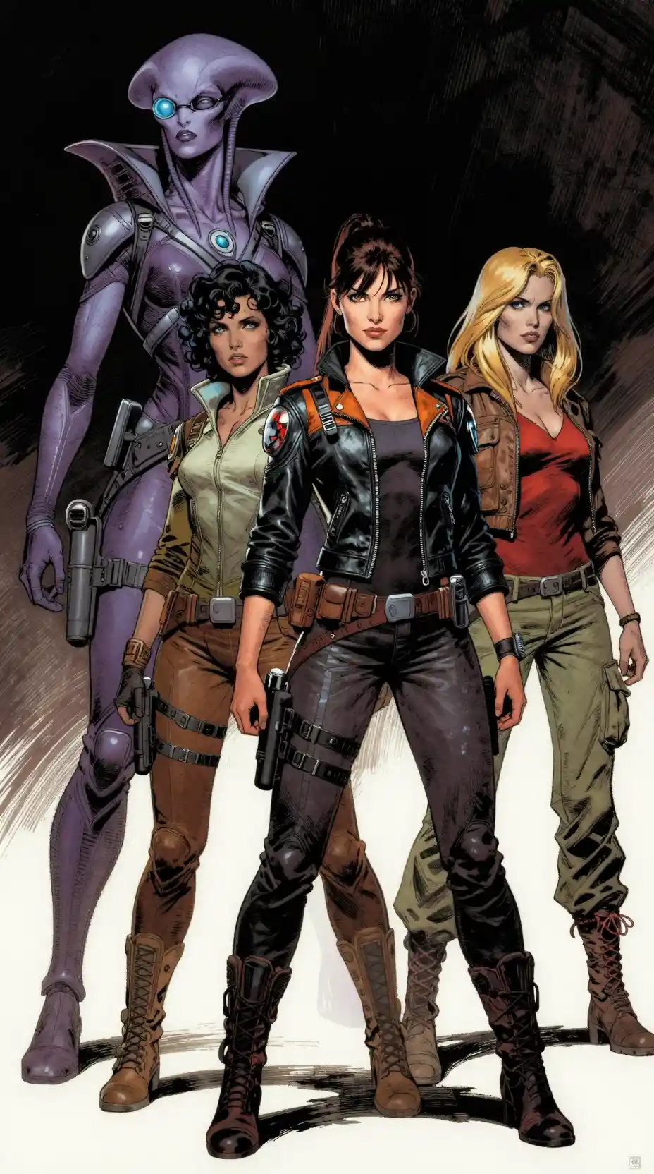 Four heroic sci fi women in bold comic book style